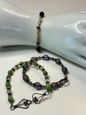 Artisan Green and Purple Beaded Bracelet with Antique Silver Accents Lot of 3